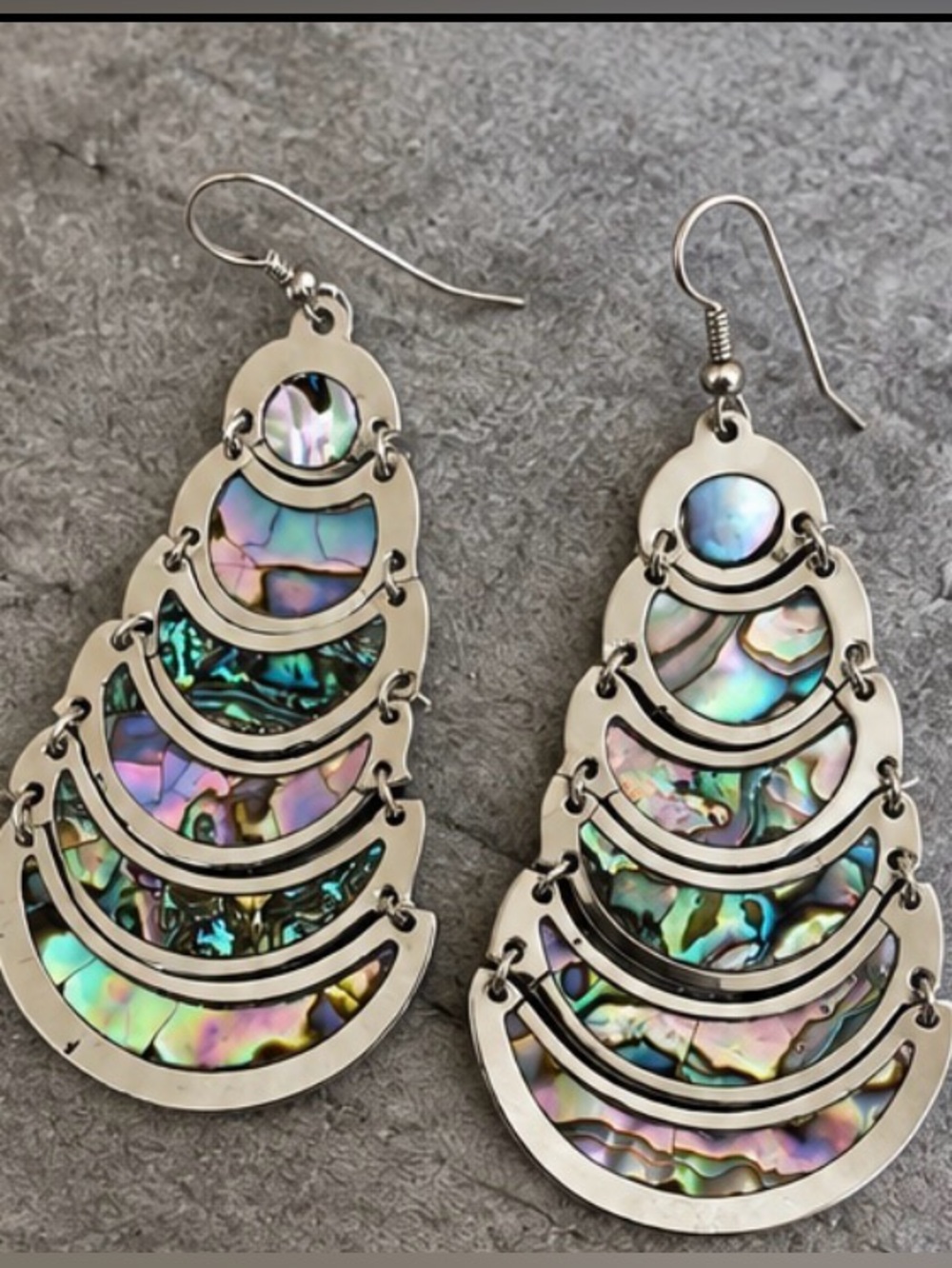 Vintage Alpaca Mexico Abalone Shell Dangle Chandelier Earrings Boho Statement